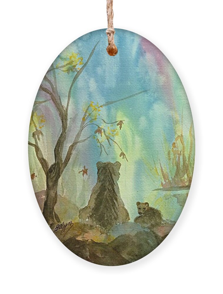 Bears Ornament featuring the painting Bears Watching the Aurora by Ellen Levinson