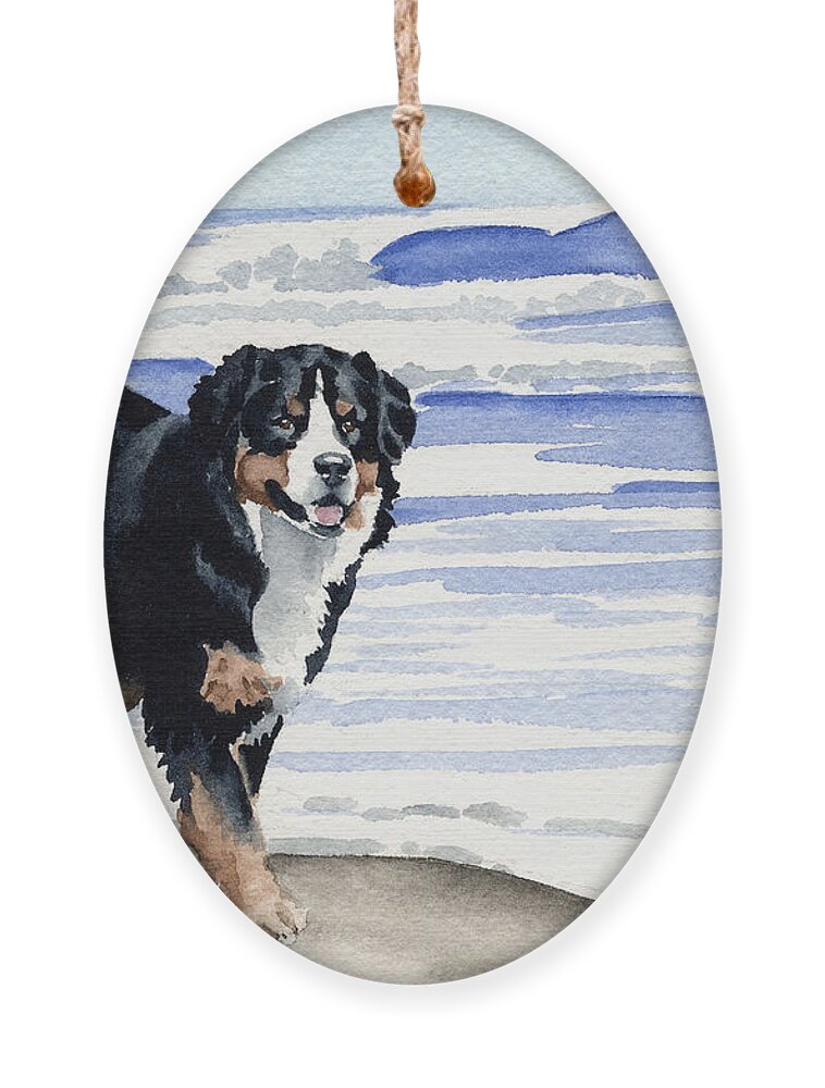 Bernese Mountain Dog Ornament featuring the painting Bernese Mountain Dog At The Beach by David Rogers