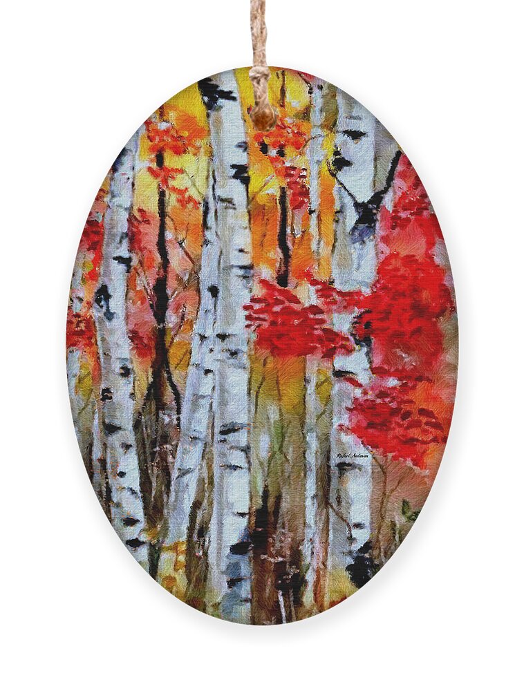 Rafael Salazar Ornament featuring the digital art Birch Trees in Fall by Rafael Salazar
