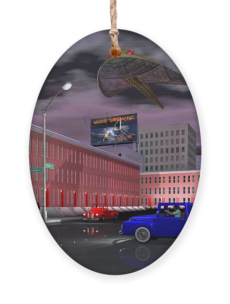 Science Fiction Ornament featuring the digital art Bishop and Swann Streets by Walter Neal