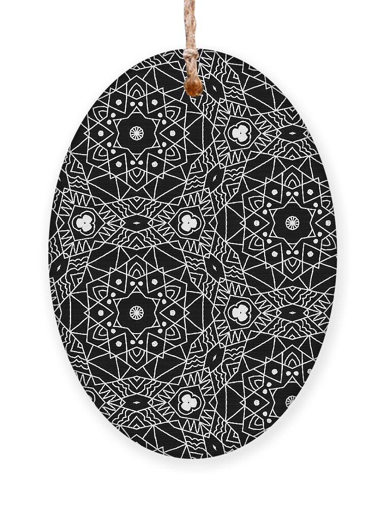 Black Ornament featuring the digital art Black and White Boho Pattern 3- Art by Linda Woods by Linda Woods