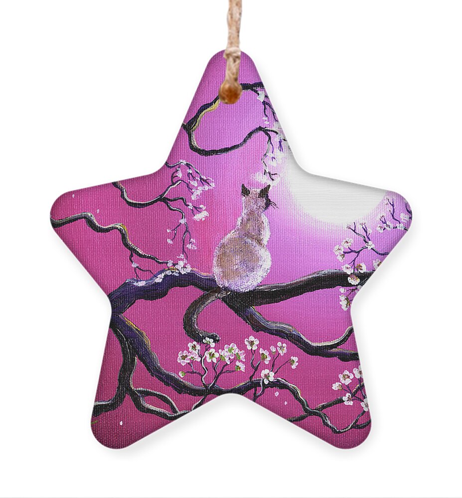 Siamese Cat Ornament featuring the painting Blossoms in Fuchsia Moonlight by Laura Iverson