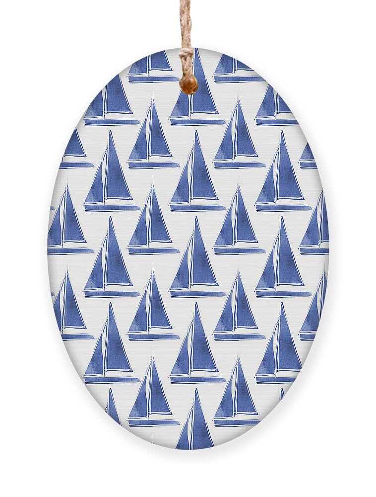 Boats Ornament featuring the digital art Blue and White Sailboats Pattern- Art by Linda Woods by Linda Woods