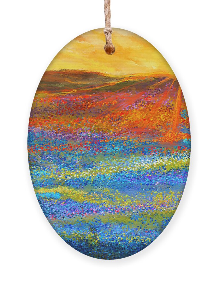 Bluebonnet Ornament featuring the painting Bluebonnet Horizon - Bluebonnet Field Sunset by Lourry Legarde
