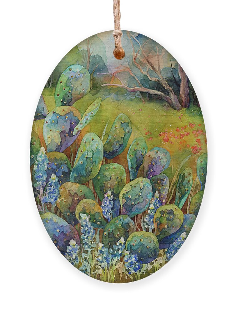 Cactus Ornament featuring the painting Bluebonnets and Cactus by Hailey E Herrera