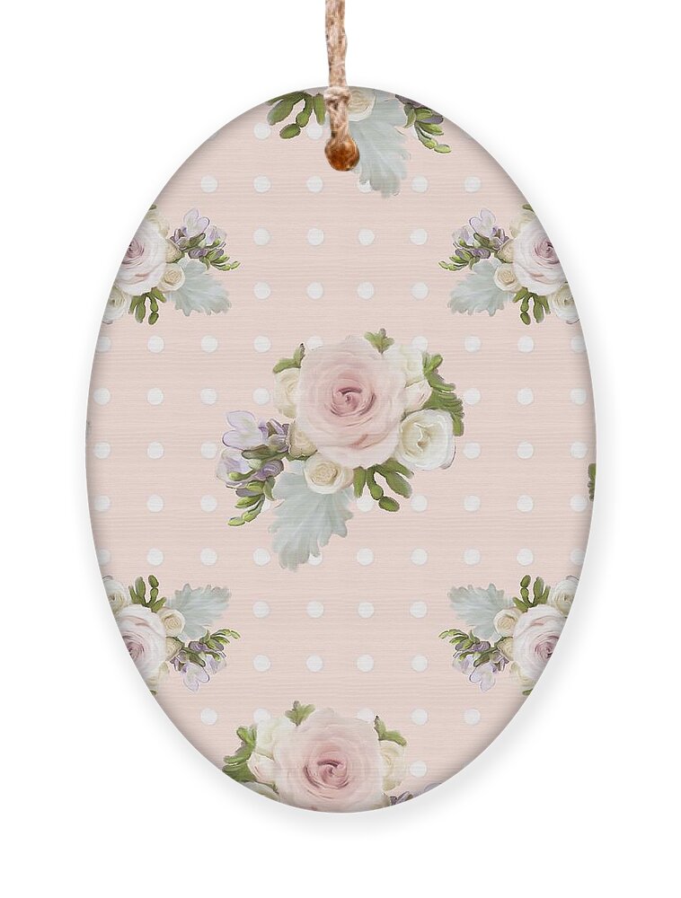 Blush Pink Ornament featuring the painting Blush Pink Floral Rose Cluster w Dot Bedding Home Decor Art by Audrey Jeanne Roberts