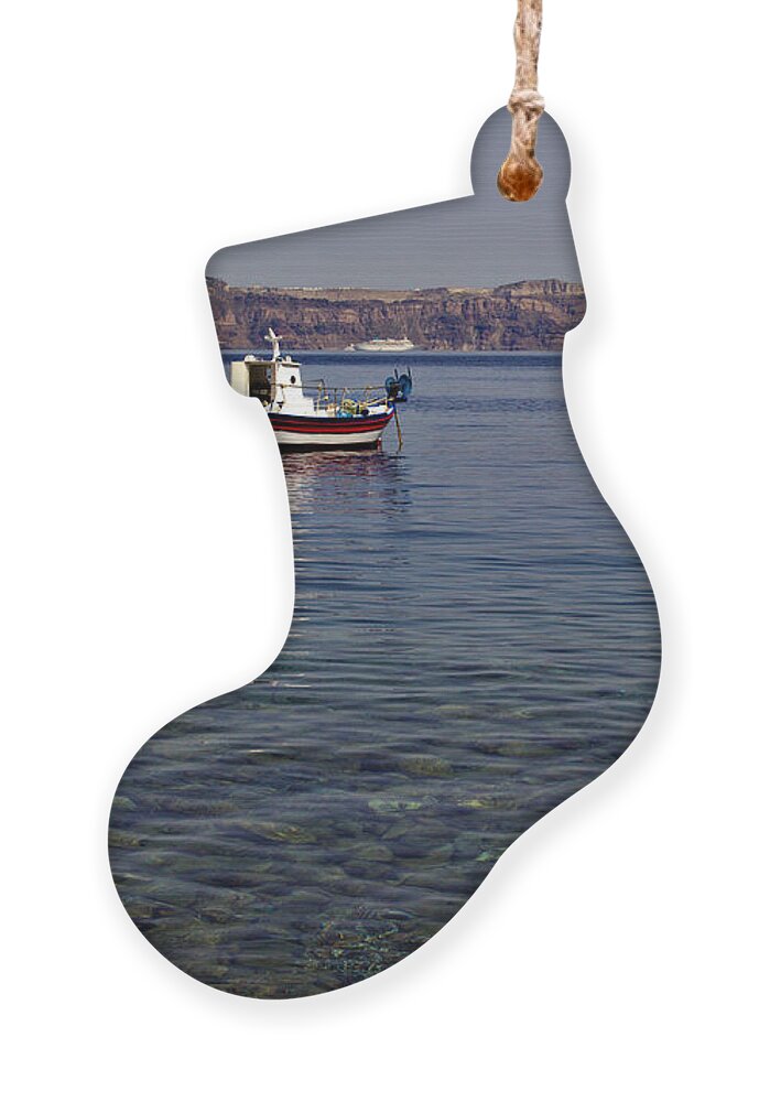Santorini Ornament featuring the photograph Boat in a Caldera by Jeremy Hayden