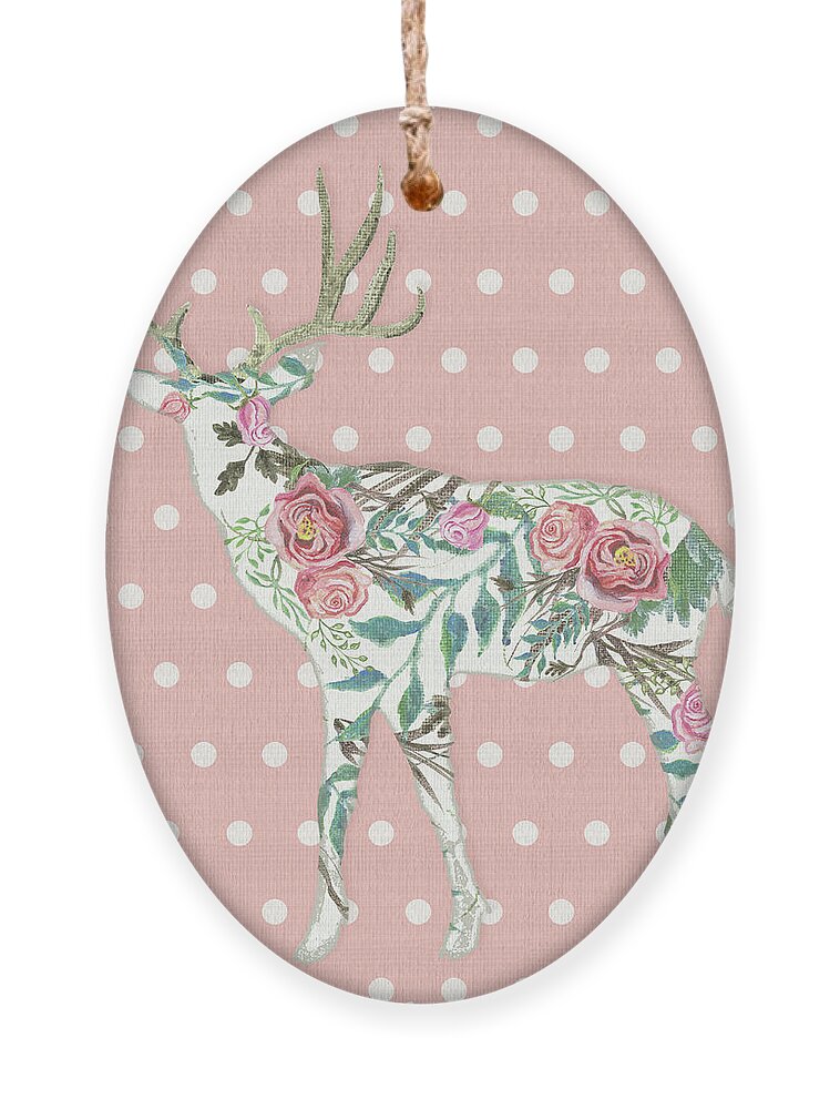 Boho Ornament featuring the painting BOHO Deer Silhouette Rose Floral Polka Dot by Audrey Jeanne Roberts