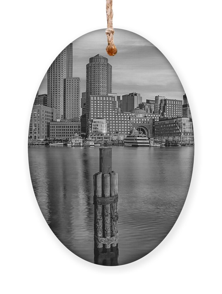 Boston Ornament featuring the photograph Boston Habor Sunrise BW by Susan Candelario