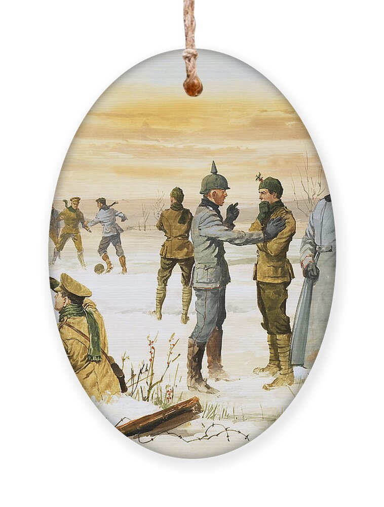 Truce Ornament featuring the painting British and German soldiers hold a Christmas truce during the Great War by Angus McBride