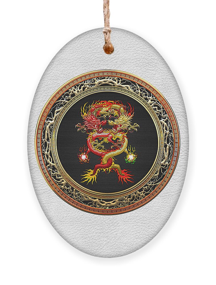 'treasure Trove' Collection By Serge Averbukh Ornament featuring the digital art Brotherhood of the Snake - The Red and The Yellow Dragons on White Leather by Serge Averbukh
