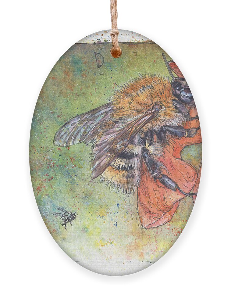 Bee Ornament featuring the painting Bumble Bee on a Runner Bean Flower. by Petra Rau