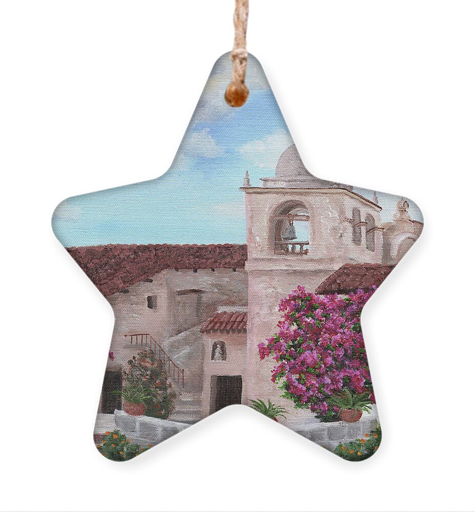 California Ornament featuring the painting Carmel Mission in Spring by Laura Iverson