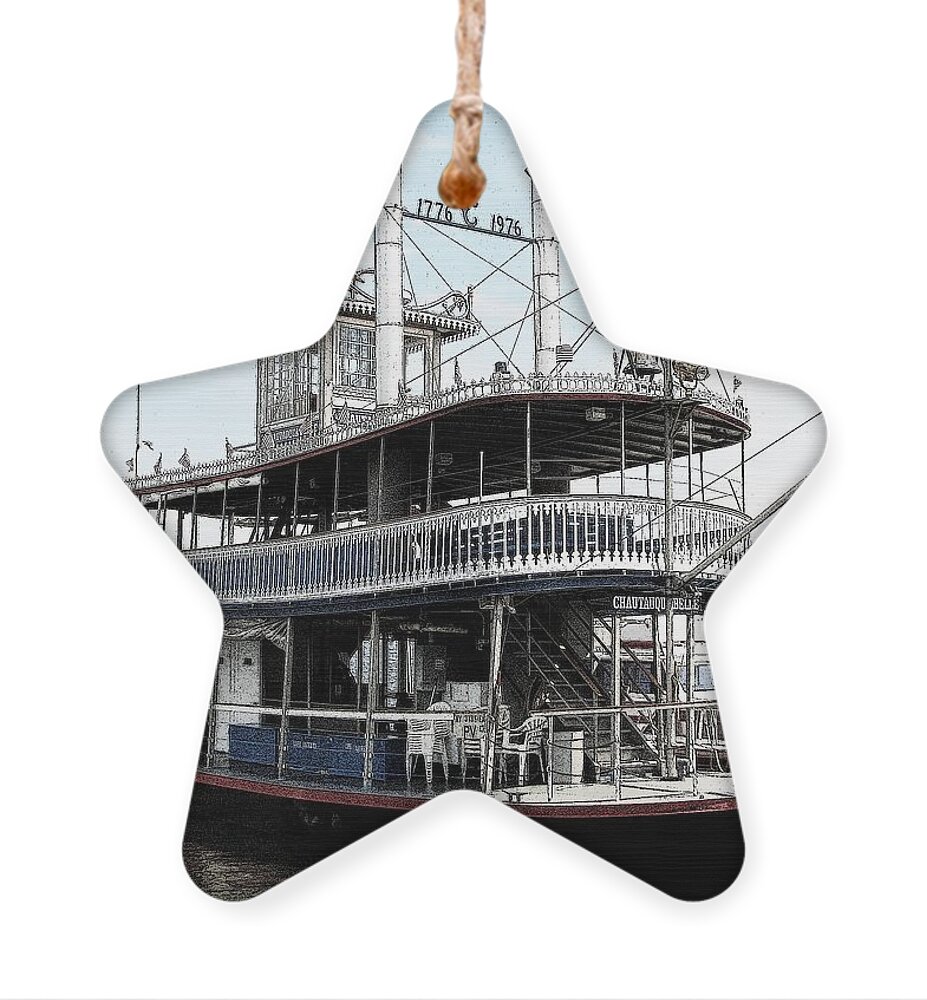 Chautauqua Belle Ornament featuring the photograph Chautauqua Belle Steamboat with Ink Sketch Effect by Rose Santuci-Sofranko