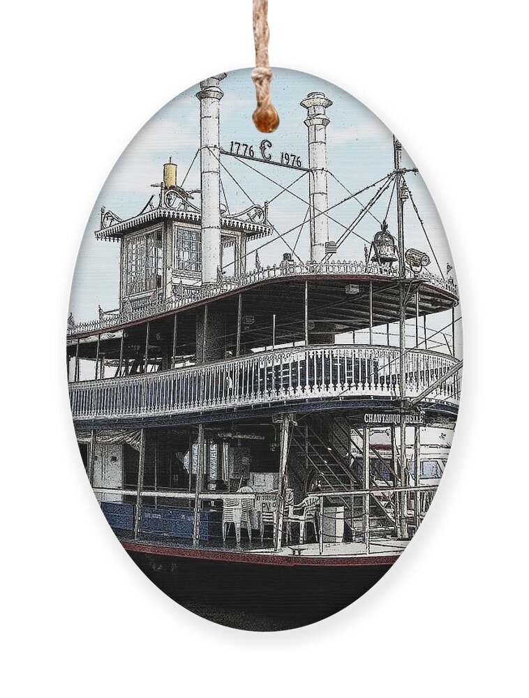Chautauqua Belle Ornament featuring the photograph Chautauqua Belle Steamboat with Ink Sketch Effect by Rose Santuci-Sofranko