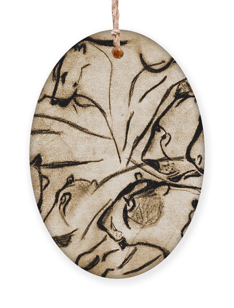 Chauvet Cave Lions Ornament featuring the photograph Chauvet Cave Lions Burned Leather by Weston Westmoreland