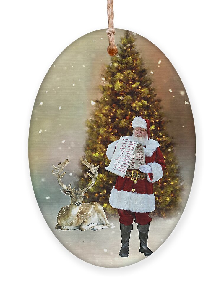 Santa; Deer; Rheindeer; Christmas; Holiday; Christmas Tree; Holiday Tree; Jolly Saint Nick; Saint Nick; Holiday; Tree; Lighted Tree; Christmas List Ornament featuring the photograph Checking the List by Judy Hall-Folde