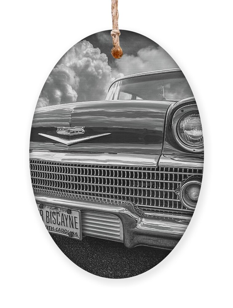'58 Ornament featuring the photograph Chevrolet Biscayne 1958 in Black and White by Debra and Dave Vanderlaan