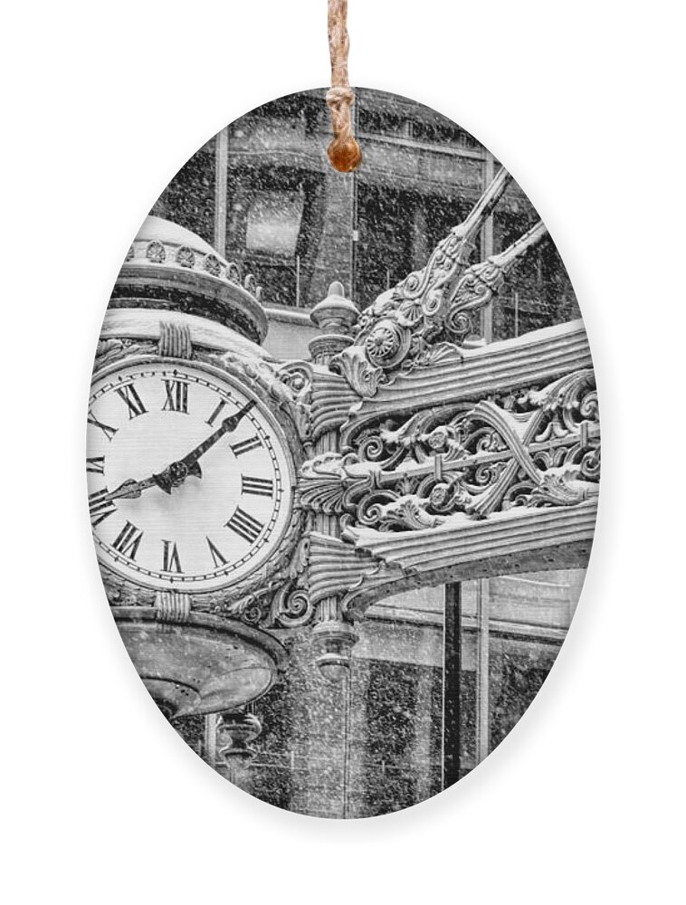 Chicago Ornament featuring the photograph Chicago Marshall Field State Street Clock Black and White by Christopher Arndt