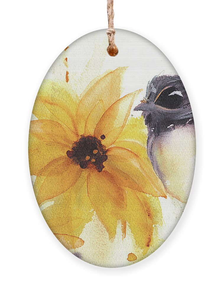 Watercolor Ornament featuring the painting Chickadee and Sunflowers by Dawn Derman