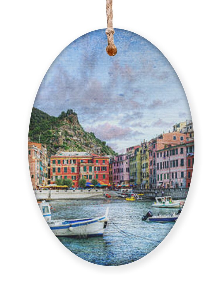 Cinque Terre Ornament featuring the photograph Cinque Terre - Vernazza from the breakwater - Vintage version by Weston Westmoreland