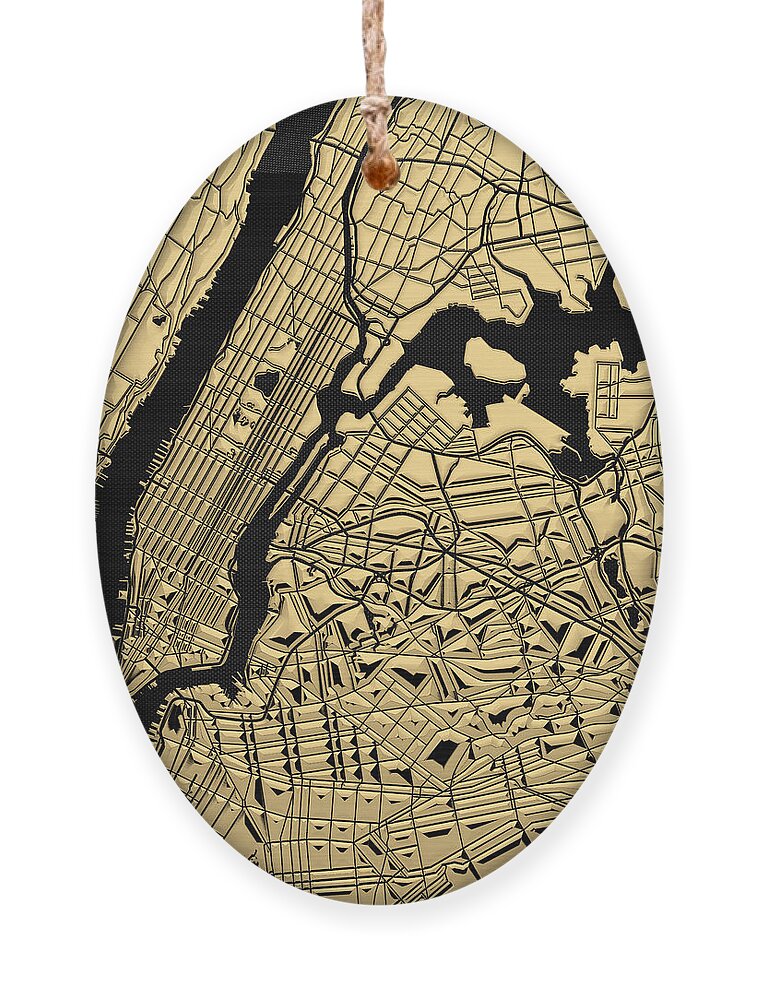 'nyc ' Collection By Serge Averbukh Ornament featuring the digital art Cities of Gold - Golden City Map New York on Black by Serge Averbukh
