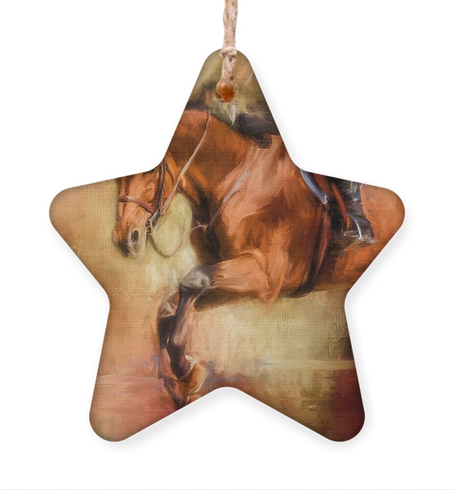 Jai Johnson Ornament featuring the painting Clearing The Jump Equestrian Art by Jai Johnson