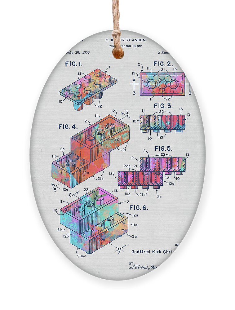 Toy Ornament featuring the digital art Colorful 1961 Toy Building Brick Patent Art by Nikki Marie Smith