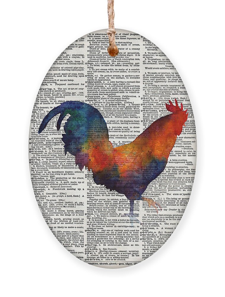 Rooster Ornament featuring the painting Colorful Rooster on Vintage Dictionary by Hailey E Herrera