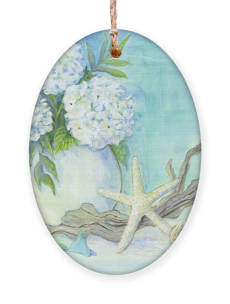 White Hydrangeas Ornament featuring the painting Cottage at the Shore 1 White Hydrangea Bouquet w Driftwood Starfish Sea Glass and Seashell by Audrey Jeanne Roberts