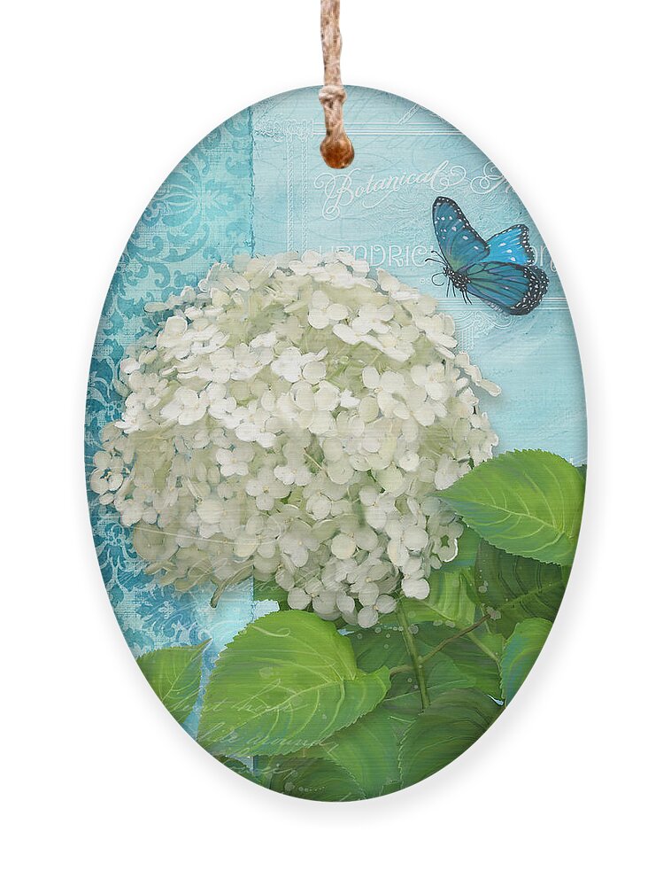 White Hydrangea Ornament featuring the painting Cottage Garden White Hydrangea with Blue Butterfly by Audrey Jeanne Roberts