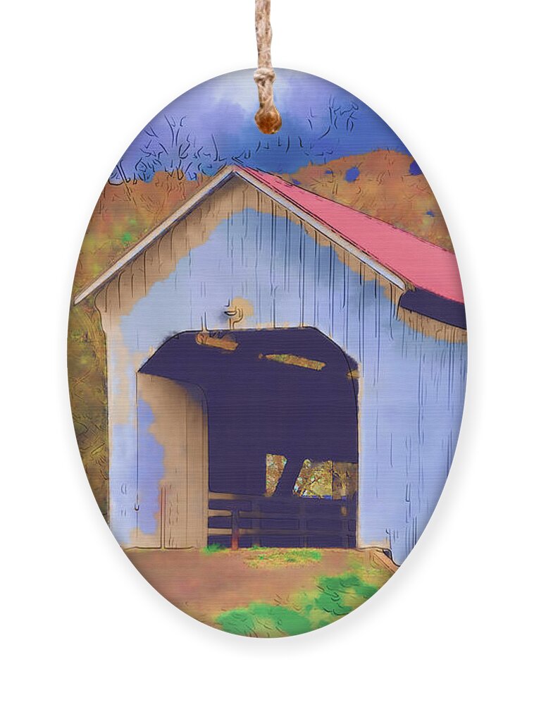 Covered Bridge Ornament featuring the digital art Covered Bridge With Red Roof by Kirt Tisdale