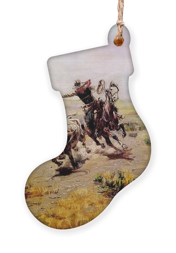 Cowboy Roping A Steer Ornament featuring the digital art Cowboy Roping A Steer by Charles Russell