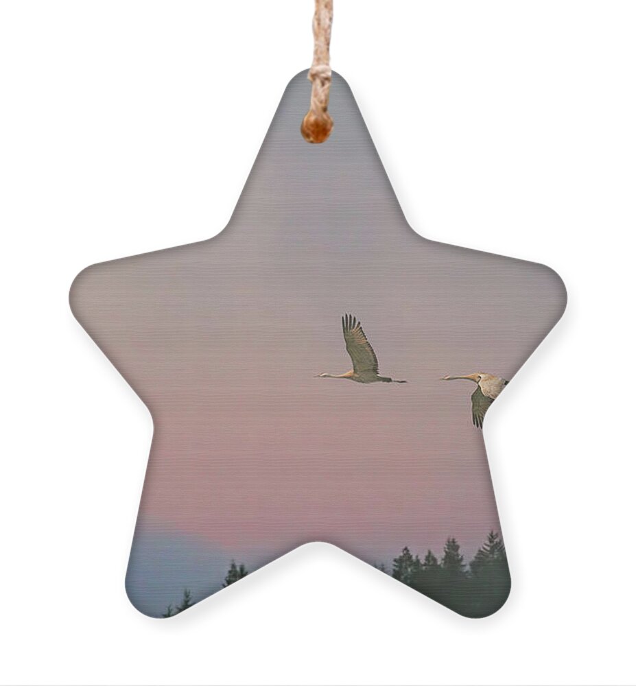 Sandhill Cranes Ornament featuring the photograph Cranes and a Full Moon at Dawn by Peggy Collins