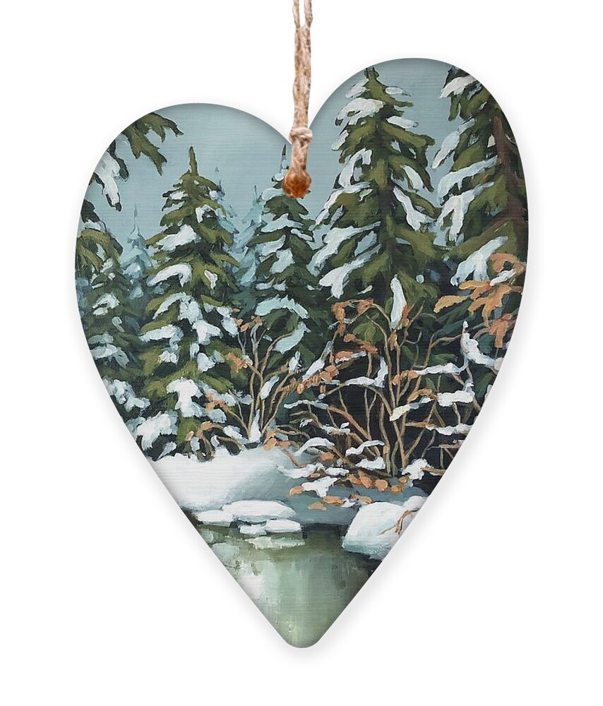 Landscape Ornament featuring the painting Winter creek and snow by Inese Poga