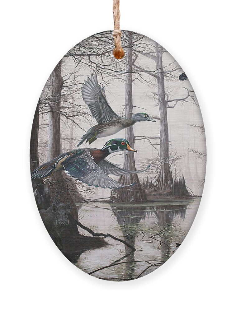 Duck Hunting Ornament featuring the painting Cypress Bayou Neighbors by Glenn Pollard