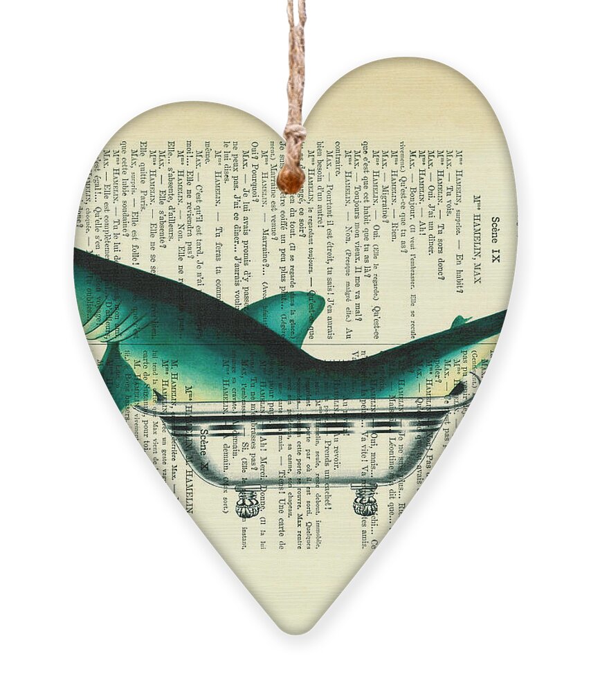 Shark Ornament featuring the digital art Shark in bathtub illustration on dictionary paper by Madame Memento