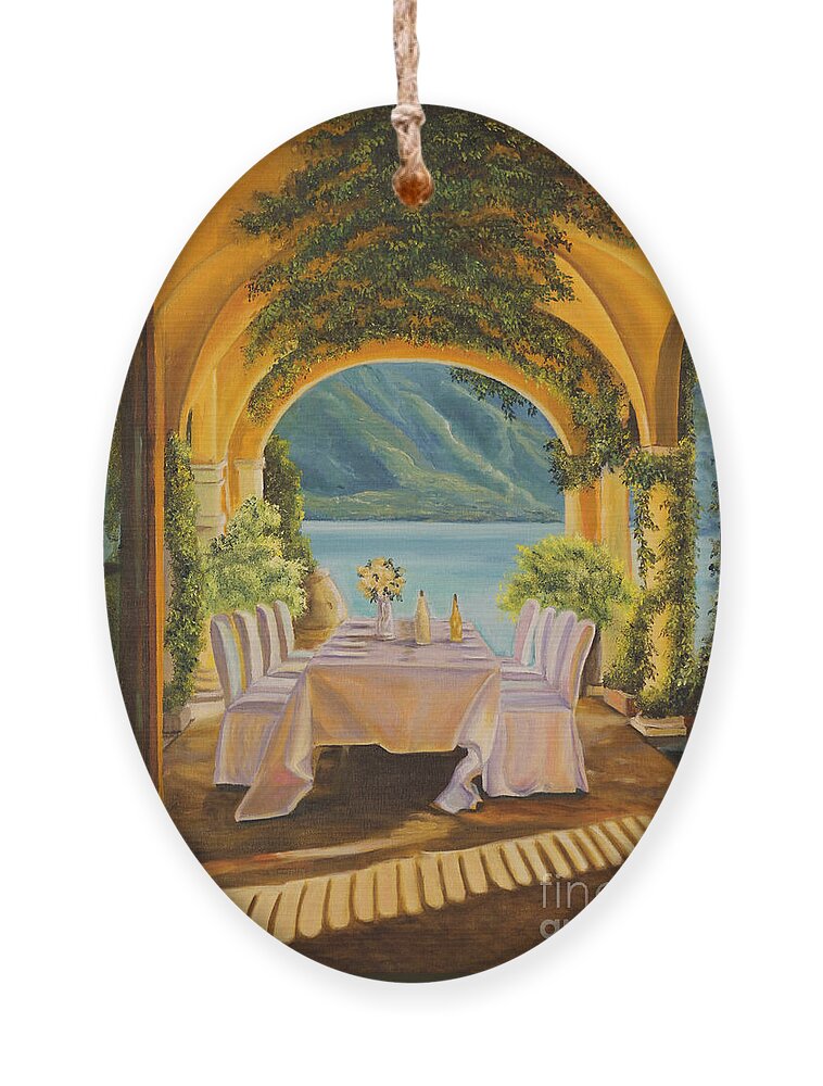 Lake Como Artwork Ornament featuring the painting Dining on Lake Como by Charlotte Blanchard