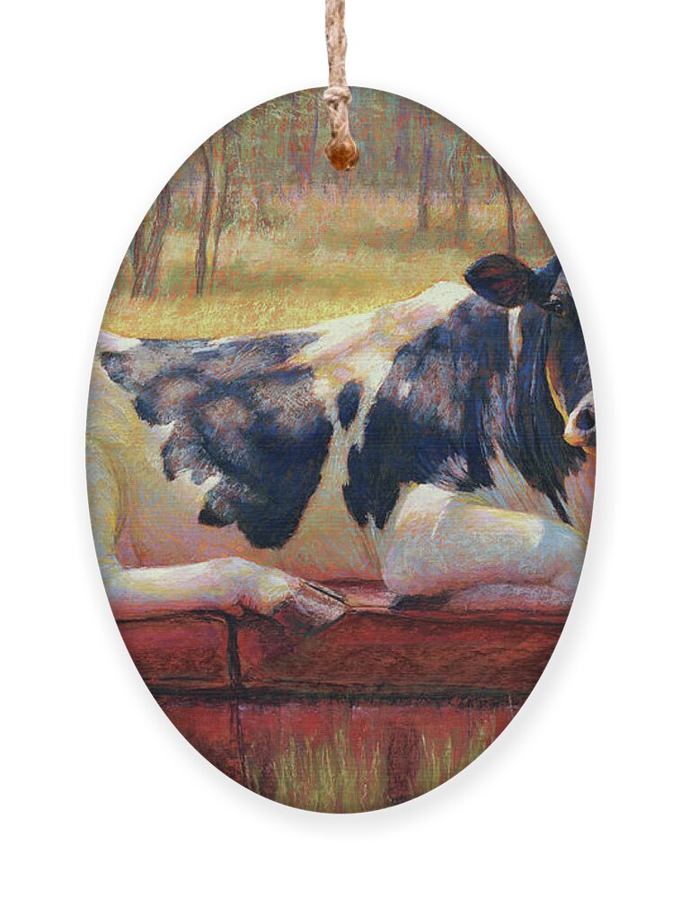 Cow Holstein Woods Landscape Animals Goddess Sunlight Bovine Pastel Black White Ornament featuring the pastel Diva Bovina by Rita Kirkman