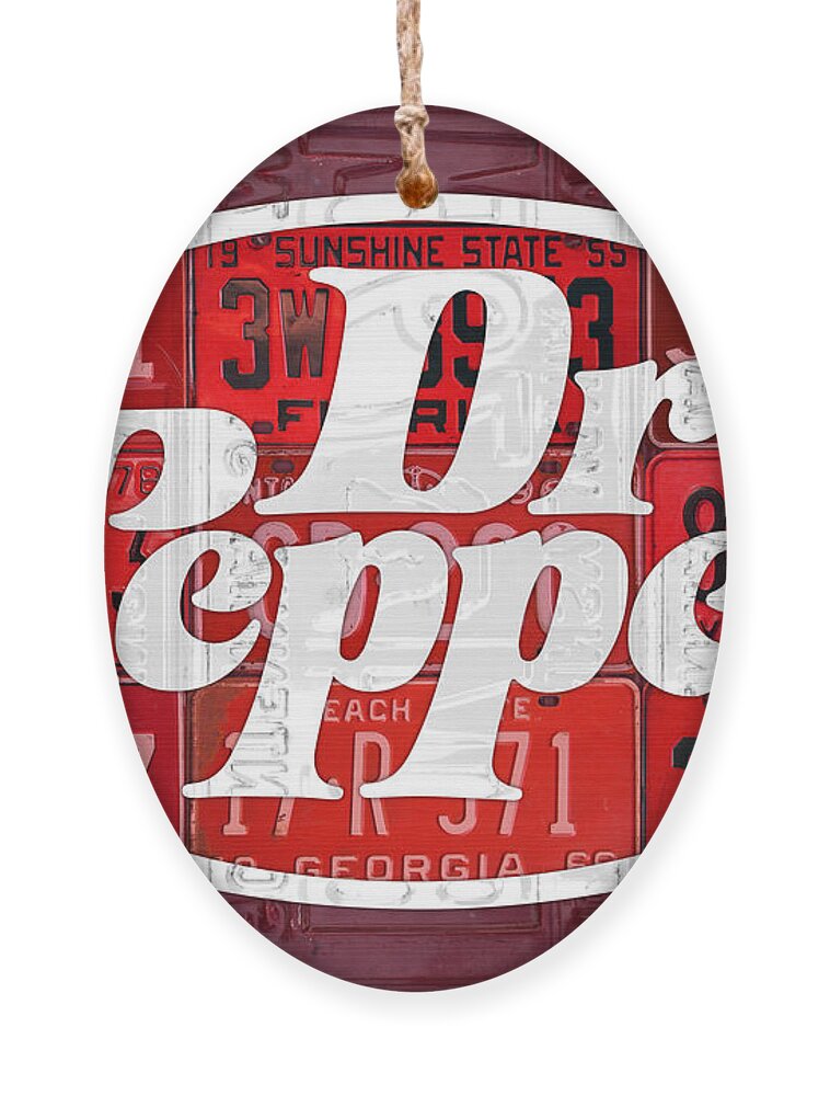 Dr Pepper Ornament featuring the mixed media Dr Pepper Soda Pop Beverage Vintage Retro Logo Recycled License Plate Art by Design Turnpike