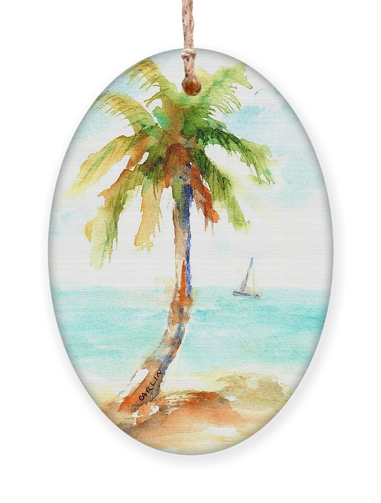 Palm Tree Ornament featuring the painting Dreamy Tropical Beach Palm by Carlin Blahnik CarlinArtWatercolor