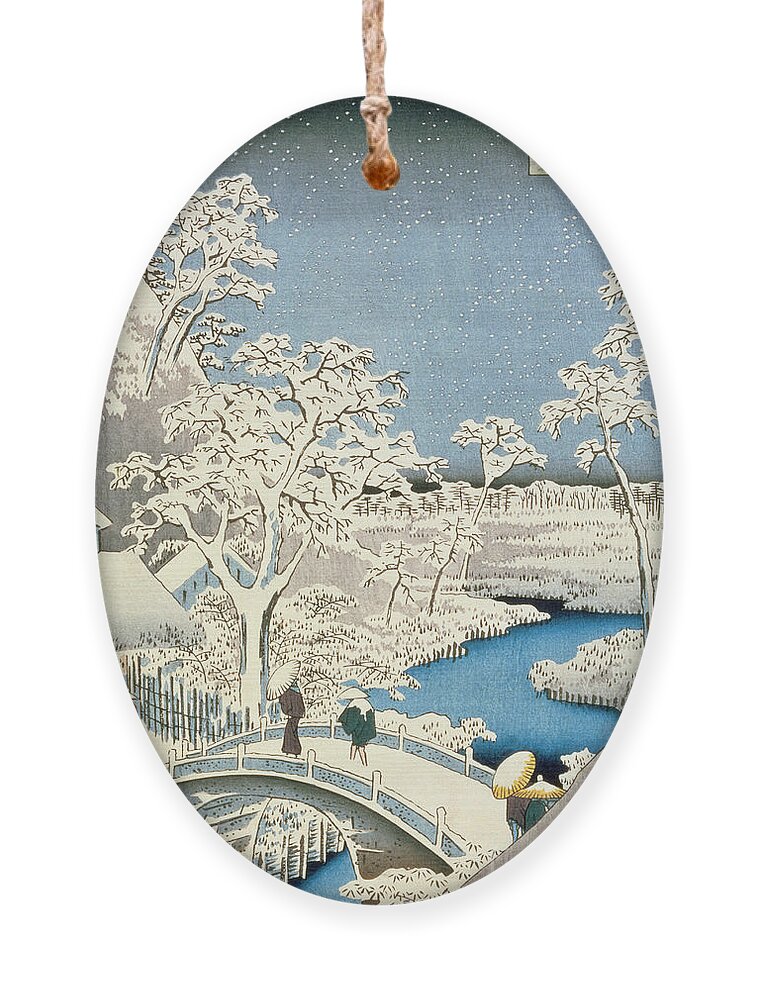 Hiroshige Ornament featuring the painting Drum bridge and Setting Sun Hill at Meguro by Hiroshige