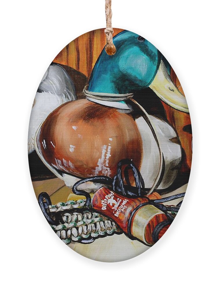 Duck Calls Ornament featuring the painting Duck Decoys and Call Still Life by Karl Wagner