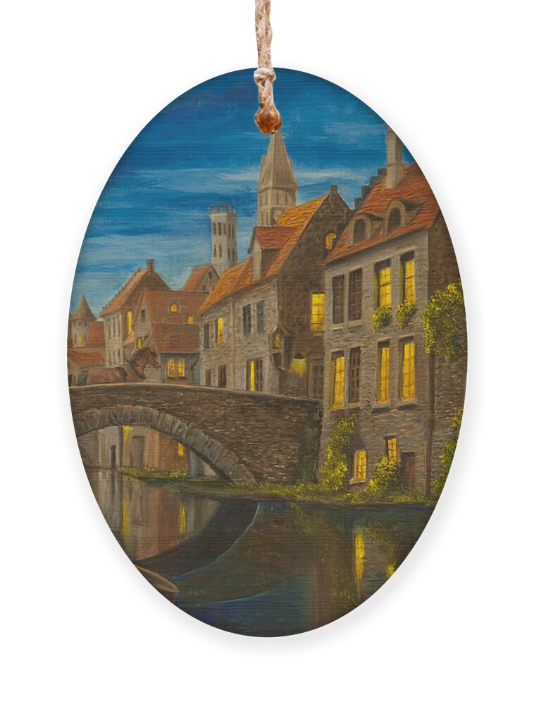 Bruges Belgium Art Ornament featuring the painting Evening in Brugge by Charlotte Blanchard