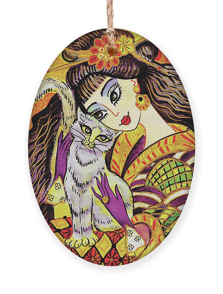 Woman And Cat Ornament featuring the painting Feline Rhapsody by Eva Campbell