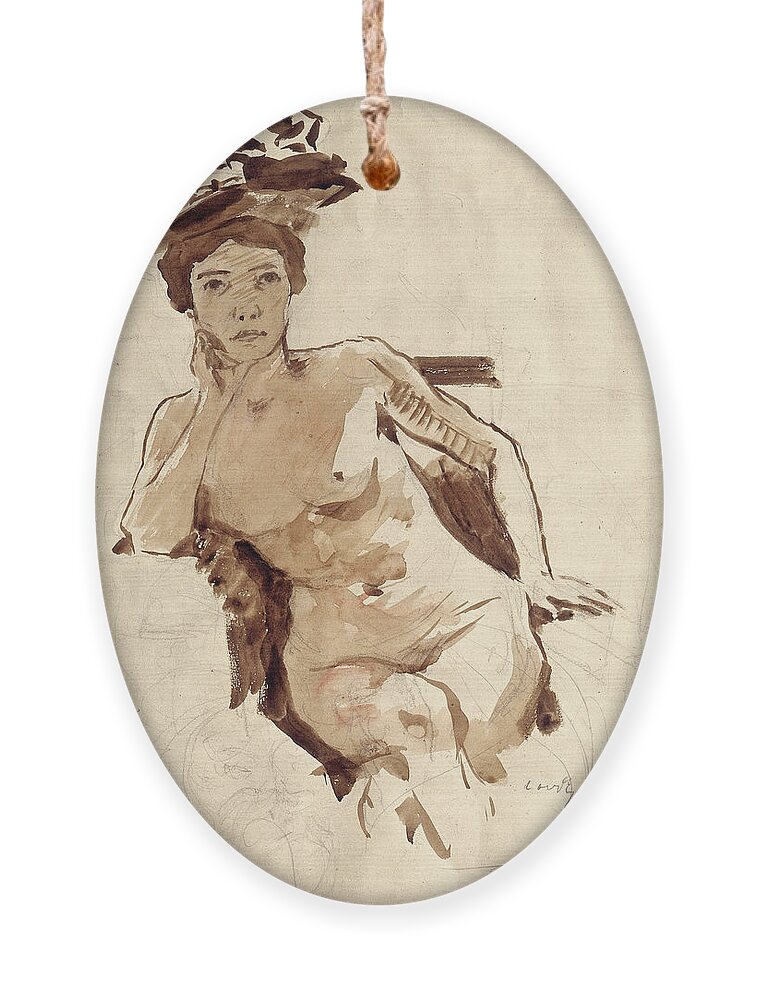 Lovis Corinth Ornament featuring the drawing Female Semi-Nude with Hat by Lovis Corinth