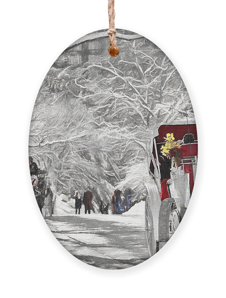 Carriage Rides Ornament featuring the painting Festive Winter Carriage Rides Black And White by Sandi OReilly