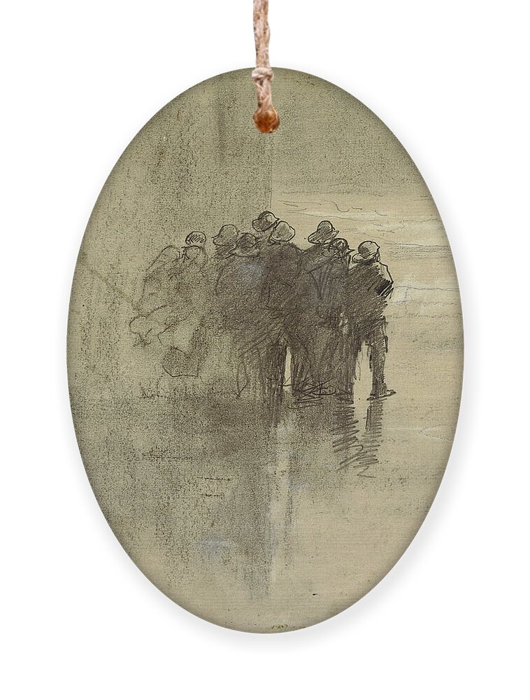 Winslow Homer Ornament featuring the drawing Fishermen in Oilskins, Cullercoats, England, 1881 by Winslow Homer