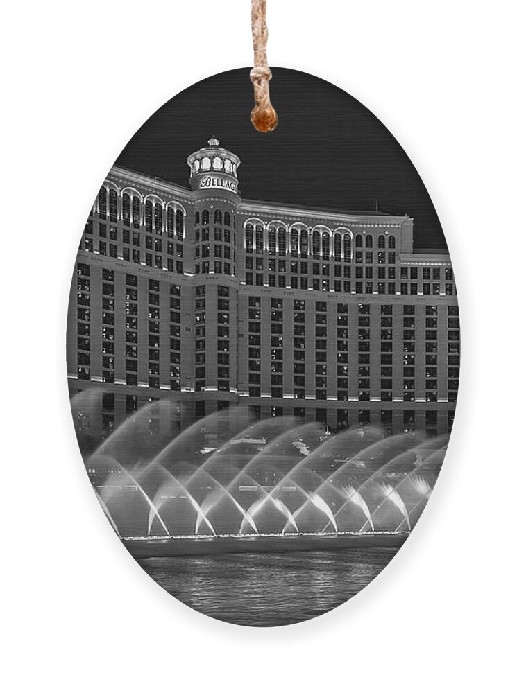 Bellagio Hotel Ornament featuring the photograph Fountains Of Bellagio Hotel BW by Susan Candelario