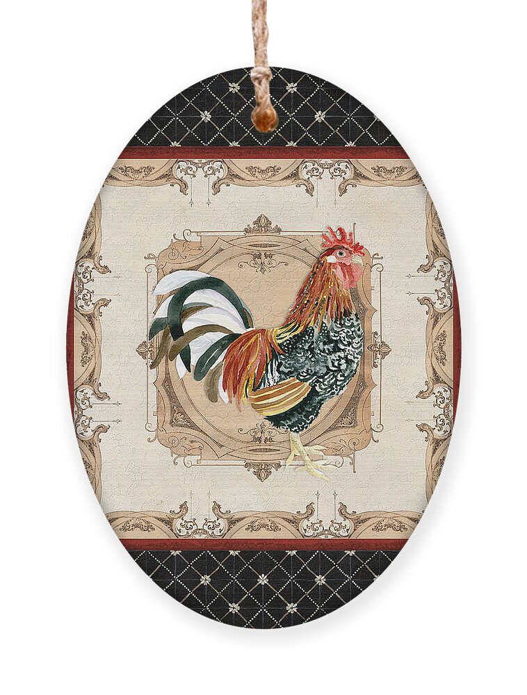 Etched Ornament featuring the painting French Country Roosters Quartet Black 1 by Audrey Jeanne Roberts